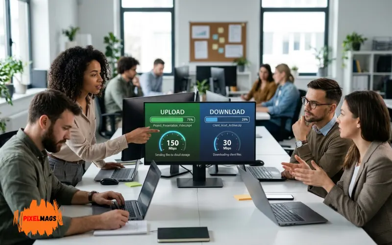 Business team sharing large files online, split-screen upload and download speed concept.