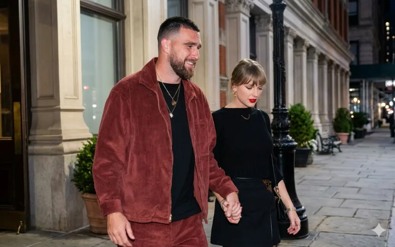 Travis Kelce and Taylor Swift holding hands while walking together on a city sidewalk.