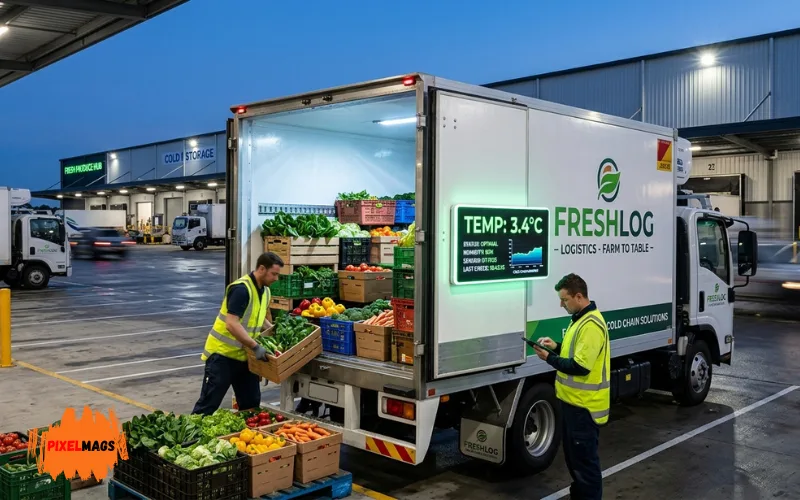 Refrigerated truck carrying fresh vegetables, IoT temperature sensor display glowing.