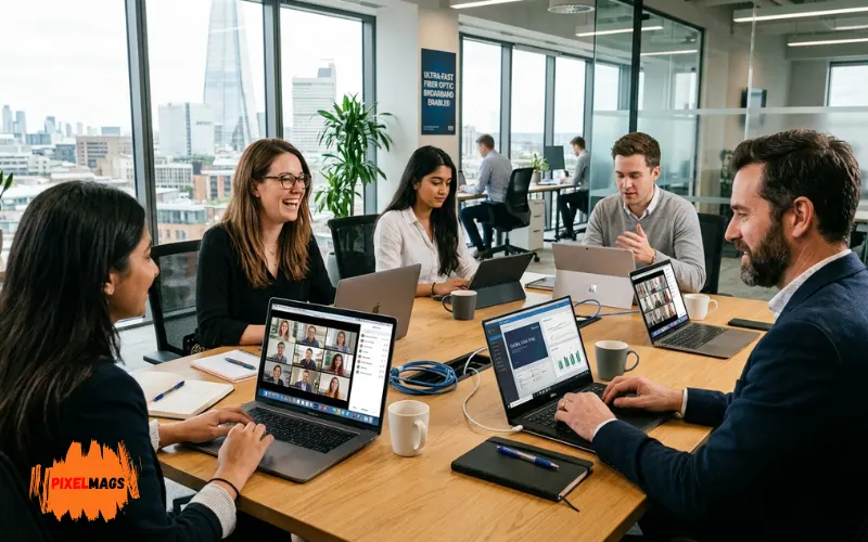 Remote team in video conference, multiple laptops, fast fiber internet concept, modern office.