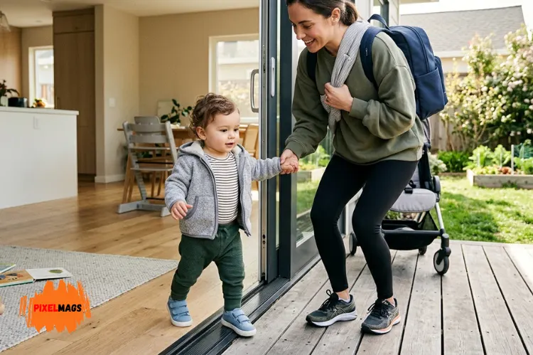 Baby wearing onesie with pants and jacket, indoor to outdoor transition, modern parenting lifestyle.