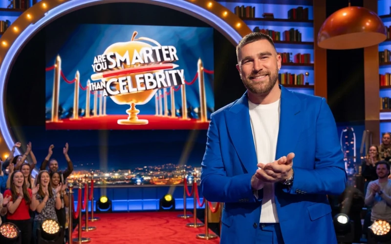 Travis Kelce smiling in a bright blue suit on the game show set of "Are You Smarter Than a Celebrity".