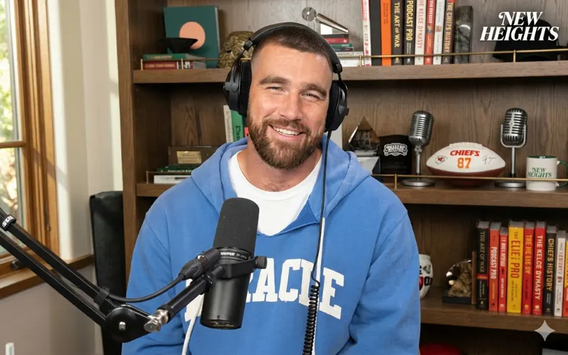 A smiling Travis Kelce hosts the New Heights podcast, wearing a blue hoodie and headphones while seated in a studio with a bookshelf