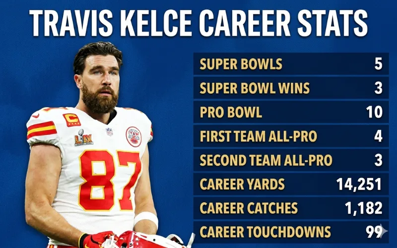 An infographic displaying Travis Kelce's career football statistics against a solid blue background.