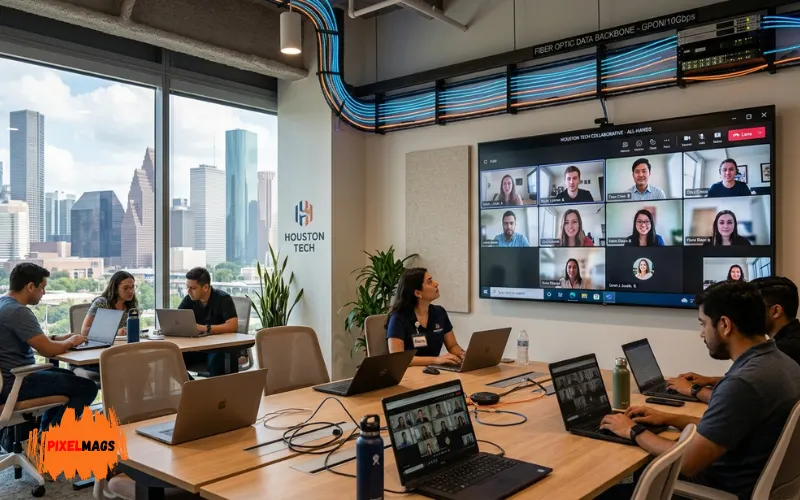 Modern Houston office with remote workers on laptops, fiber optic network lines, video meetings on screens.