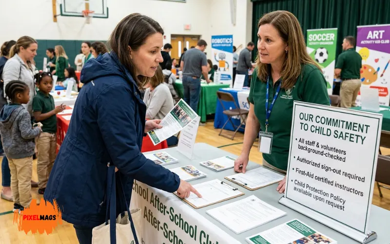 Parent asking questions to activity organizer at school club registration desk.