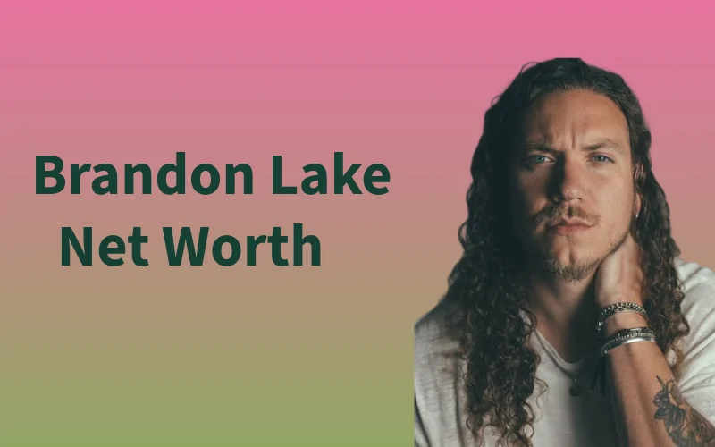 A horizontal feature image for Brandon Lake Net Worth, featuring the text "Brandon Lake Net Worth" in dark green on the left over a pink-to-green gradient background, and a portrait of a long-haired Brandon Lake on the right.