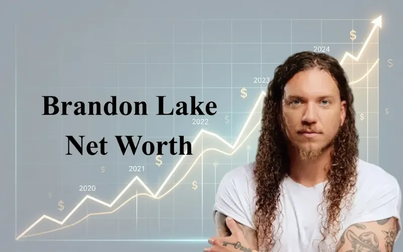 An image featuring musician Brandon Lake on the right, with a glowing line graph trending upward in the background next to the text "Brandon Lake Net Worth"