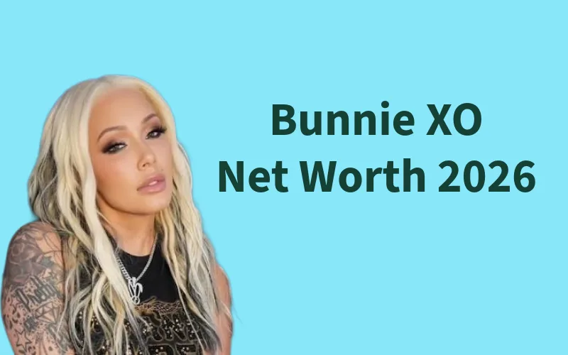 Bunnie XO Net Worth 2026 feature image showing Bunnie XO with platinum blonde hair and tattoos beside the article title on a blue background.