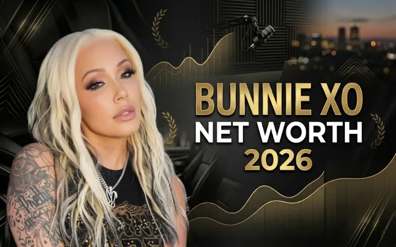 Bunnie XO portrait with bold text reading “Bunnie XO Net Worth 2026” on a luxury black and gold financial-themed background.