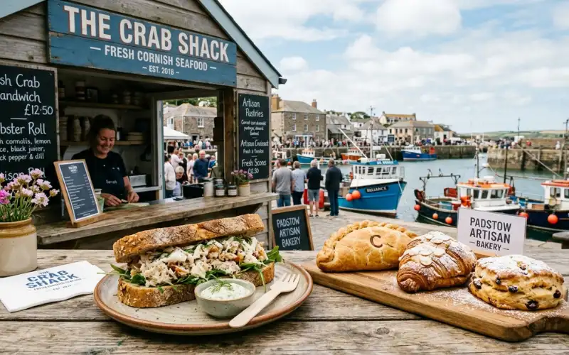 Fresh Cornish crab sandwich, artisan bakery pastries, local seafood stall on Padstow quay, realistic food photography