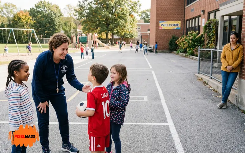 Friendly community coach talking with children while cautious parent observes from distance.