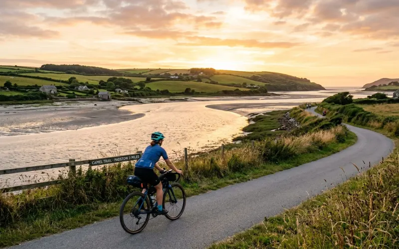 Cyclist riding along Camel Trail beside estuary during golden hour, scenic Cornwall countryside.