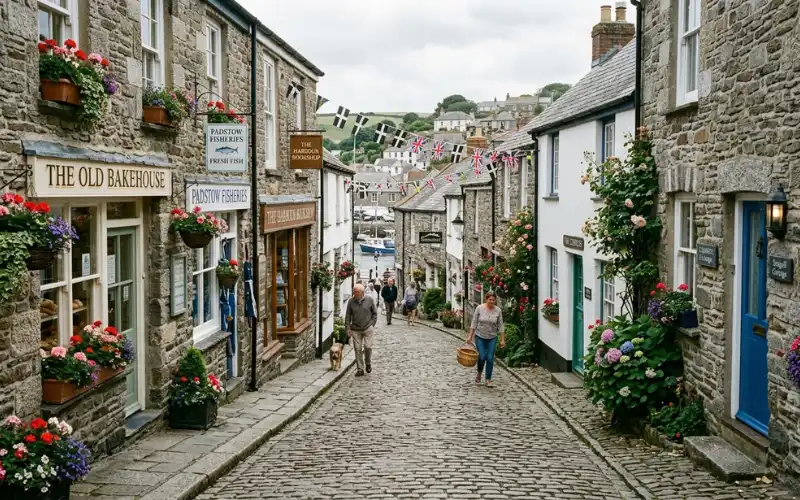 Quiet historic streets of Padstow with stone cottages, narrow lanes, local shops, authentic Cornish atmosphere
