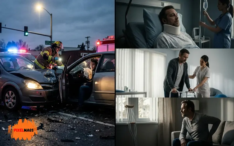 split visual comparison of sudden car crash vs slow medical injury progression.