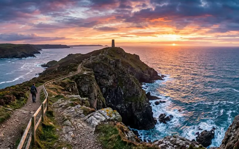 Stepper Point cliffs overlooking Atlantic Ocean, dramatic coastal path, sunset sky, breathtaking panorama.