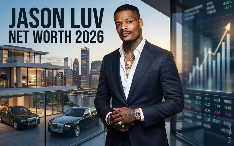 Jason Luv in a luxury suit standing in front of cars, a city skyline, and rising stock market charts for a Jason Luv Net Worth 2026 feature image.