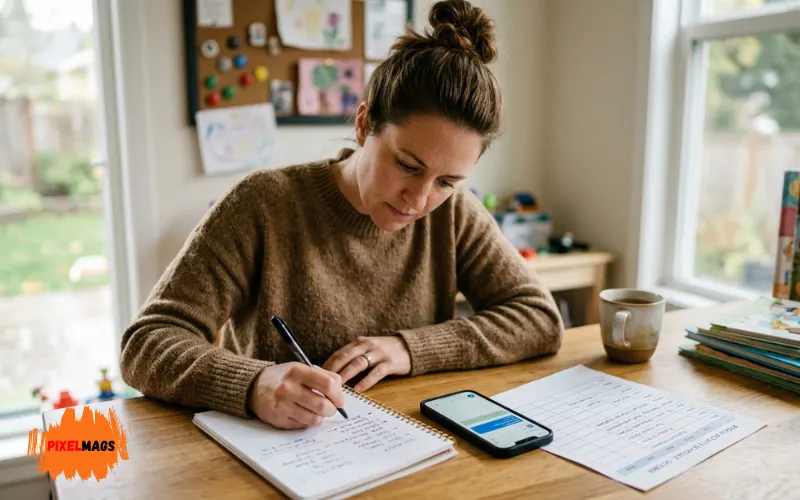 Parent writing notes in notebook beside smartphone and activity schedule.