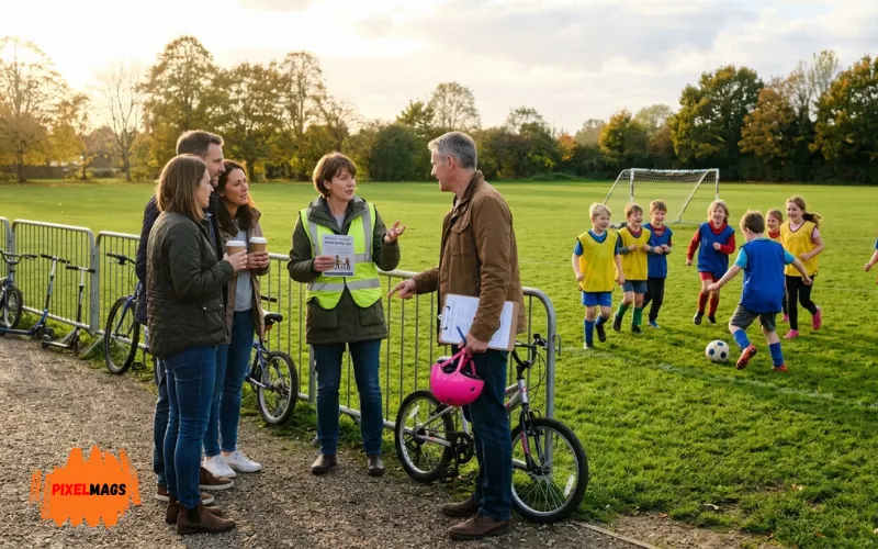 Children enjoying after-school activities with parents discussing safety rules beside sports field.