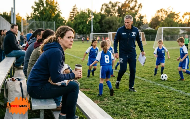 Concerned parent watching children during sports practice.