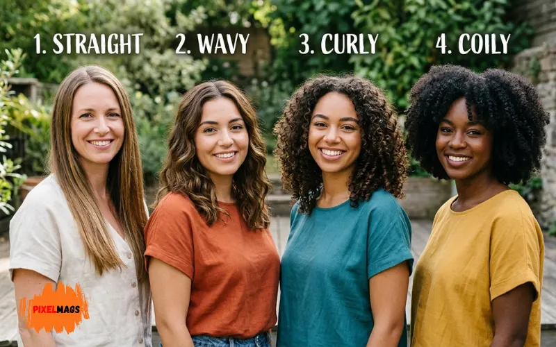 Different hair textures and curl patterns side by side, straight wavy curly coily hair types.