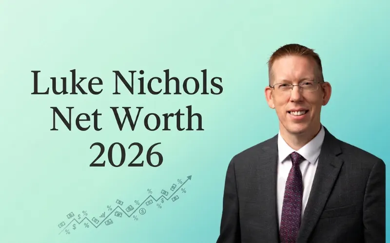 Luke Nichols Net Worth 2026 infographic featuring a portrait of Luke Nichols in a business suit alongside financial growth symbols and net worth analysis branding.