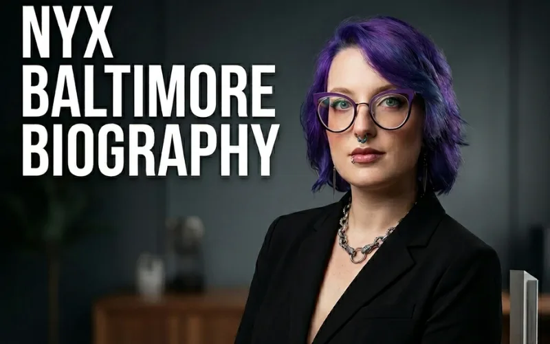 Portrait of Nyx Baltimore with purple hair and glasses, featured in a professional biography cover image with bold "Nyx Baltimore Biography" text.