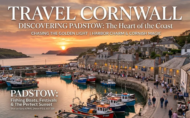 Charming Padstow harbor at sunset, colorful fishing boats, Cornish stone cottages, golden coastal light, tourists and locals, ultra-realistic travel magazine cover, premium travel photography