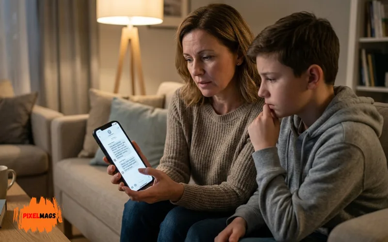 Parent reviewing child’s phone messages while youth coach communication appears on screen.