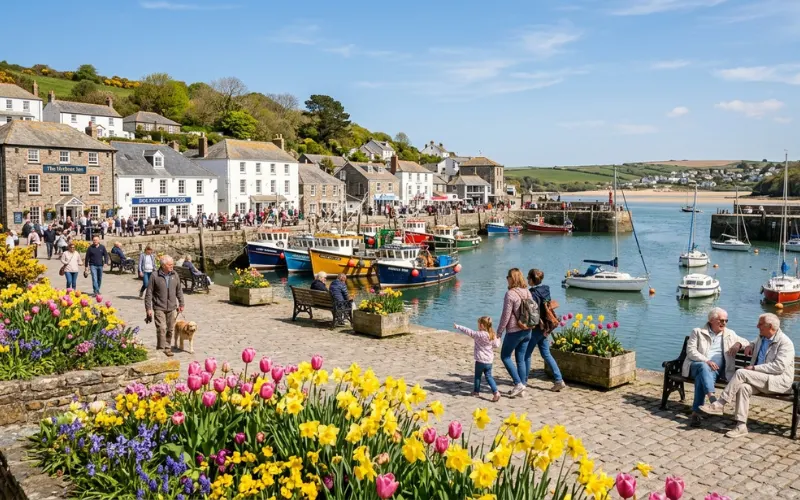 Padstow harbor in spring, blooming flowers, sunny skies, locals enjoying waterfront, realistic travel photography.