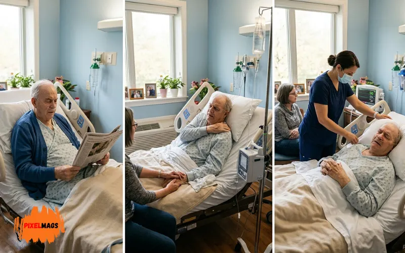 gradual medical condition progression concept, patient showing increasing discomfort over time, subtle changes, hospital home care setting.
