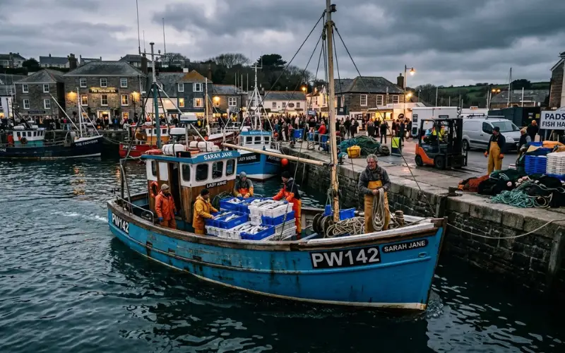 Padstow fishing boats returning to harbor with fresh catch, working fishing port, realistic documentary style.