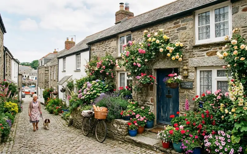 Traditional Cornish stone cottage with flowers, cozy village setting, authentic Padstow lifestyle.