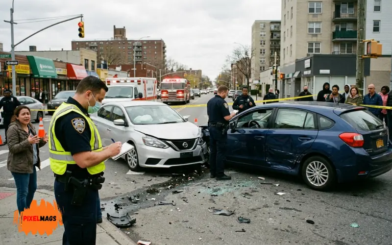 car accident scene with visible damage, police report writing notes, witnesses nearby.