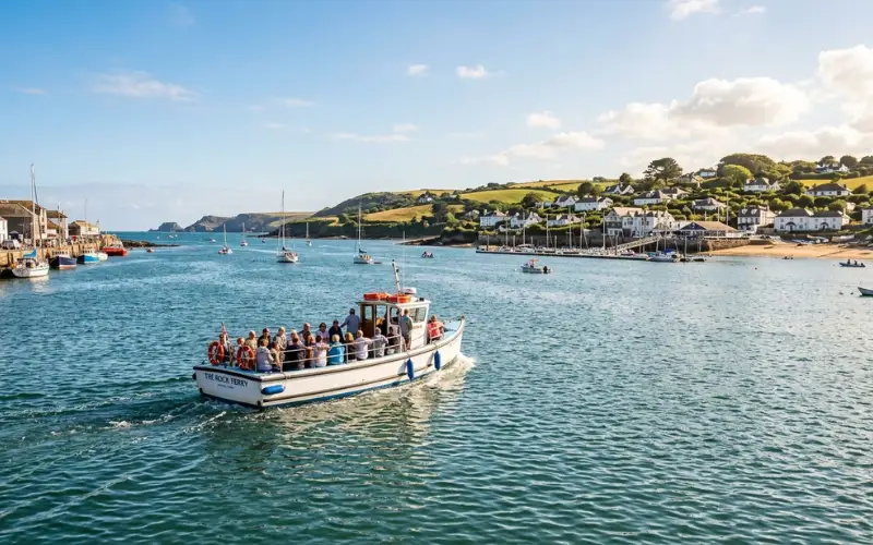 Small ferry crossing Camel Estuary toward Rock, coastal views, sunny afternoon, travel photography.