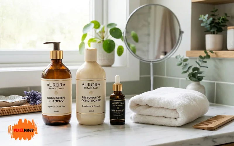 Hair care products arranged neatly with shampoo, conditioner, serum, microfiber towel.