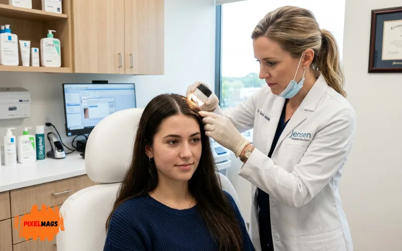 Dermatologist examining scalp health of young woman in clinic, professional medical beauty scene.