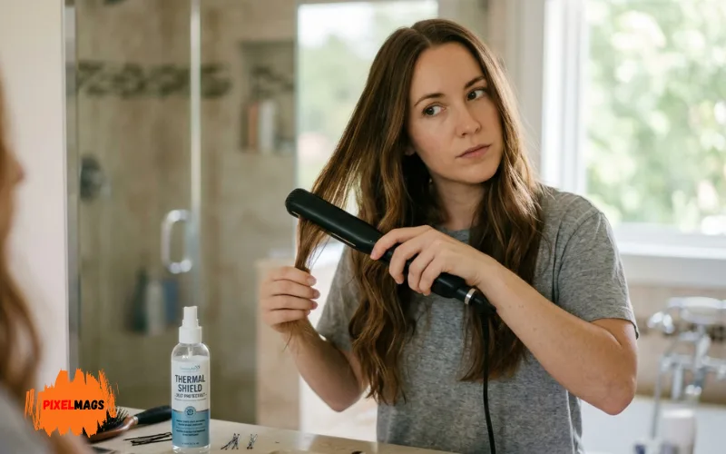 Woman styling hair with straightener using heat protectant.