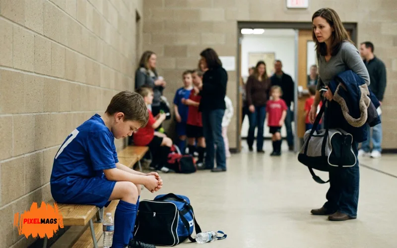 Quiet child sitting alone after activity while concerned parent notices emotional behavior changes.