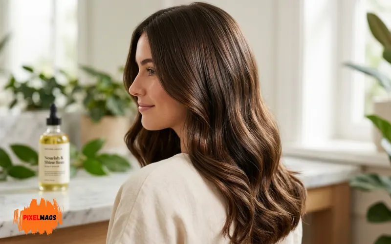 smooth shiny healthy hair strands with natural glow, beauty and scalp care concept.