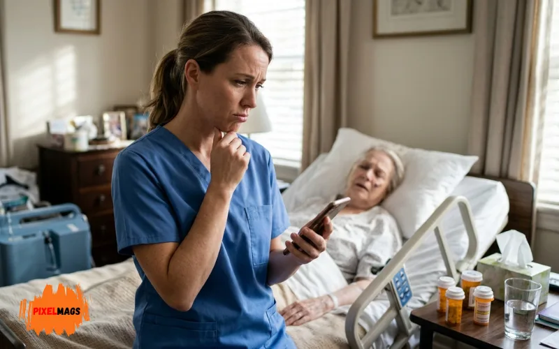 concerned caregiver hesitating while patient condition worsens in background, emotional tension.