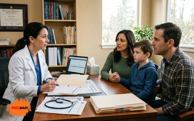 doctor consulting with family, serious discussion, medical records on desk, supportive professional environment.