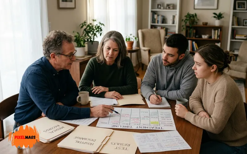 family reviewing notes and timeline documents on table, medical records, serious discussion, soft natural lighting.