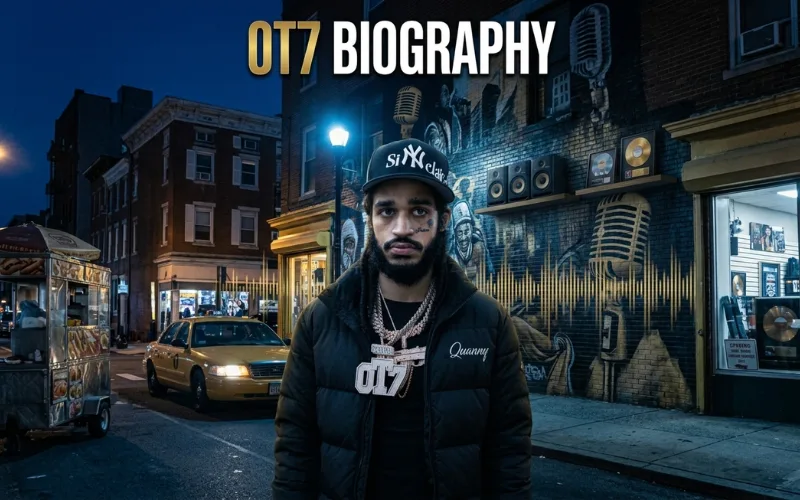 OT7 quanny Age biography cover featuring rapper OT7 Quanny in a North Philadelphia street setting with music-inspired urban artwork.