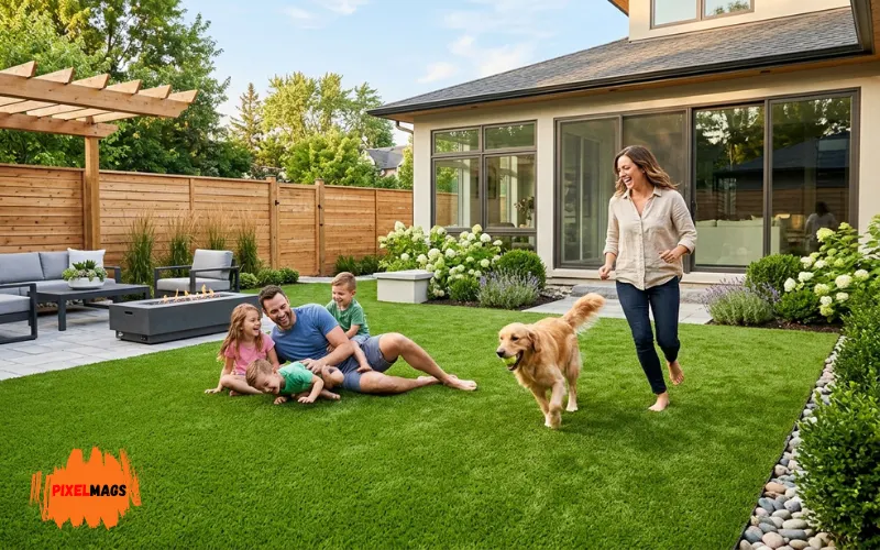 A modern backyard with realistic synthetic grass, happy family and dog playing, clean landscape.