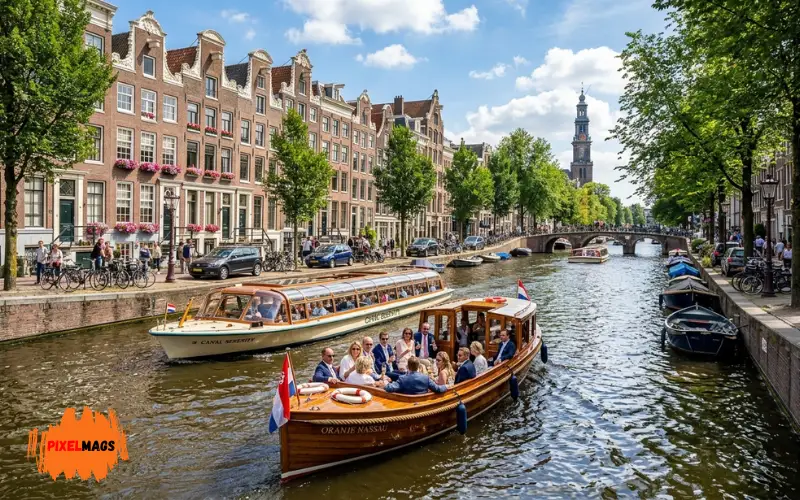 Luxury Amsterdam canal cruise with open and covered boats, historic canals, Dutch houses, sunny weather.
