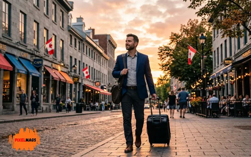 A business traveler walking through a vibrant Canadian neighborhood during sunset.