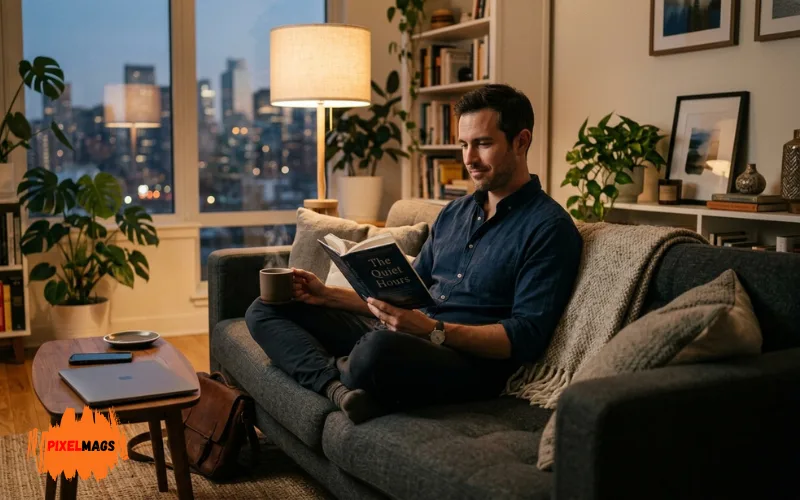 A business traveler relaxing in a furnished apartment reading a book with a cup of coffee after work, cozy living room.