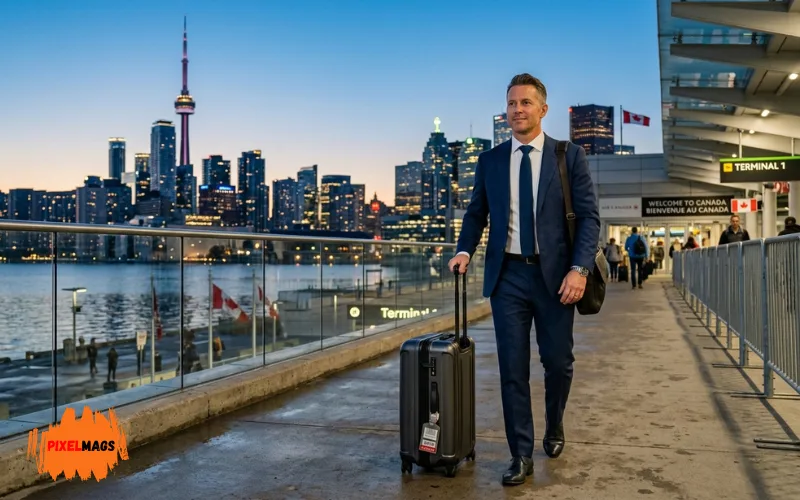 A professional business traveler arriving in Canada with a rolling suitcase, modern city skyline in the background.